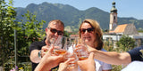 Eine Gruppe stößt beim Tasting in einem Garten mit WUYD Whisky an, Bergpanorama im Hintergrund.